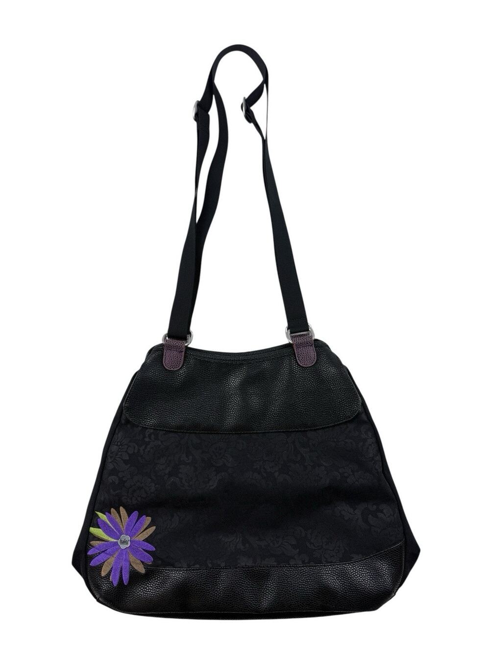 HAIKU Laptop Satchel Tote Purple Flower Black Shoulder Bag Large Leather Purse